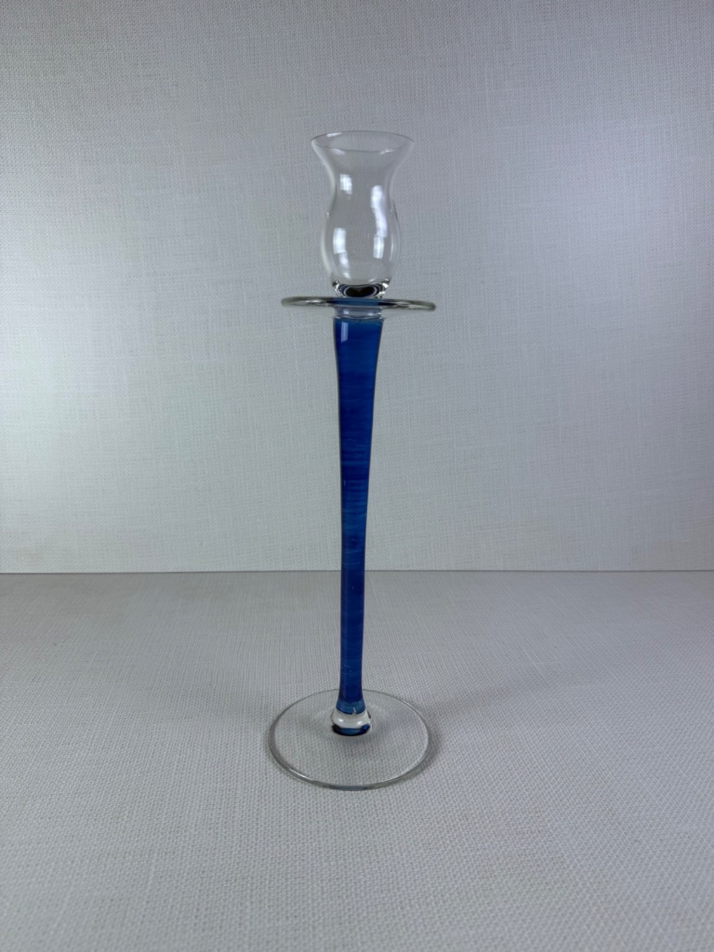 Vintage Art Glass Candlestick Holder — Cobalt Blue Stem with Hurricane Top - Picture 2 of 15